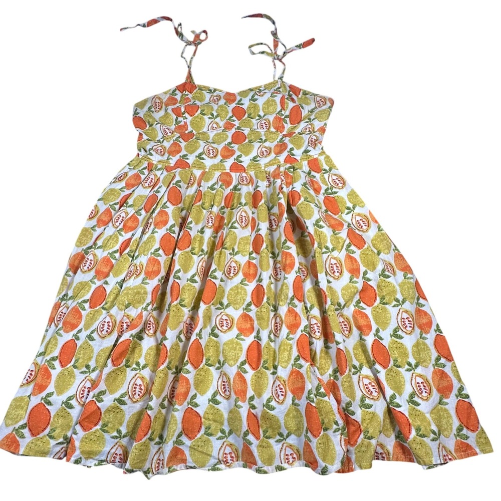 eShakti Citrus Print Sundress Tie Strap Smocked Lemon Orange Summer Dress XL